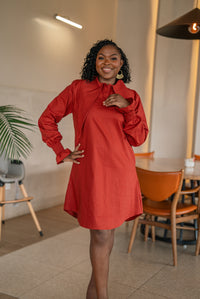 Terracotta CHETU shirt dress with a long collar and puff sleeves, full-length front view at a restaurant