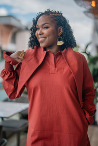 Close-up of the collar on the terracotta CHETU shirt dress