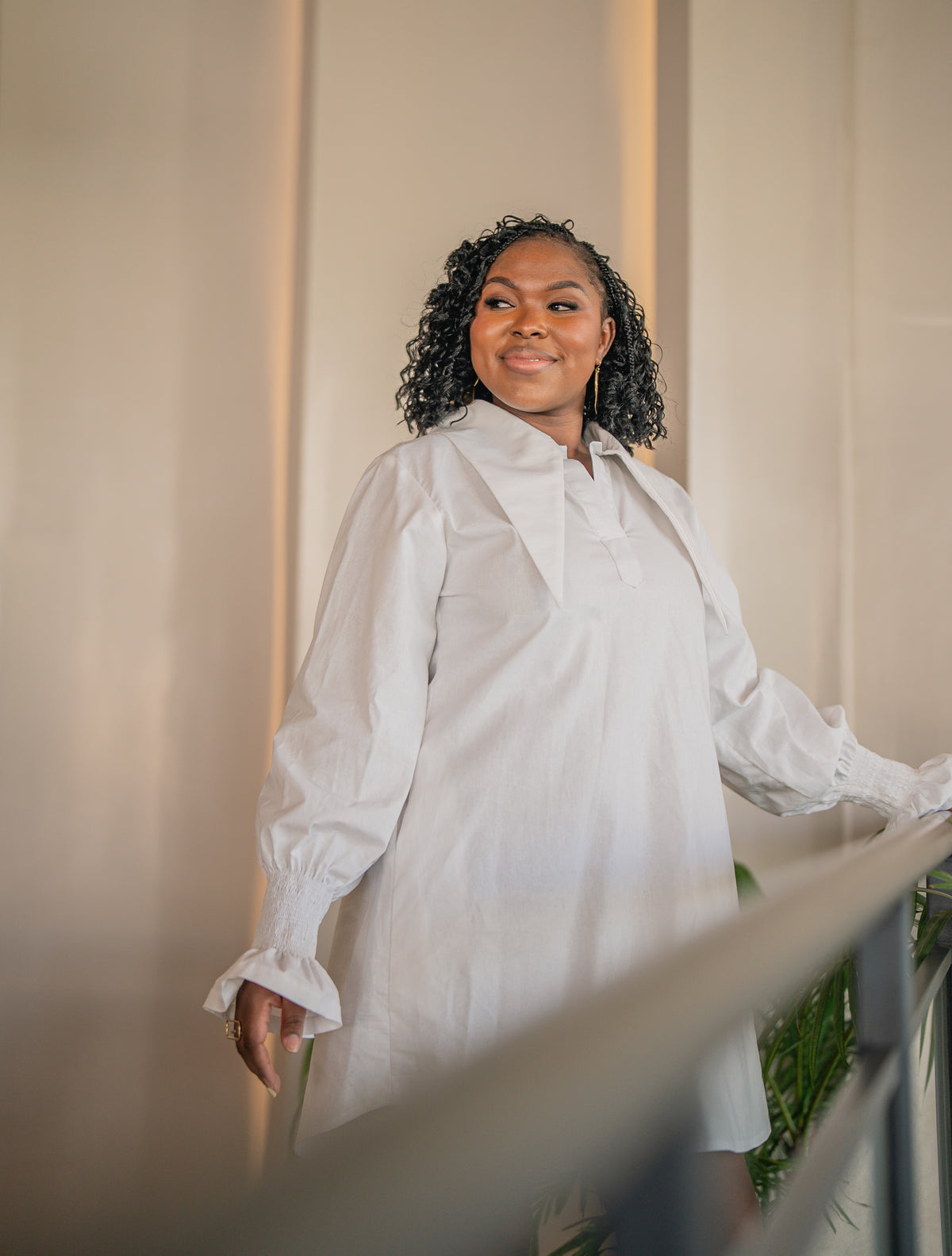Waist-up view of the white CHETU shirt dress