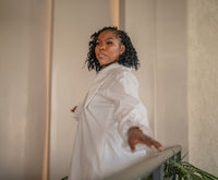 Waist-up view of the white CHETU shirt dress