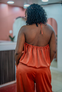 Back view of the terracotta Maputo top and pants set