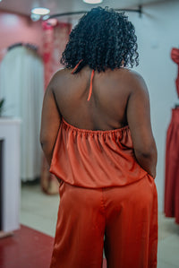 Back view of the terracotta Maputo top and pants set