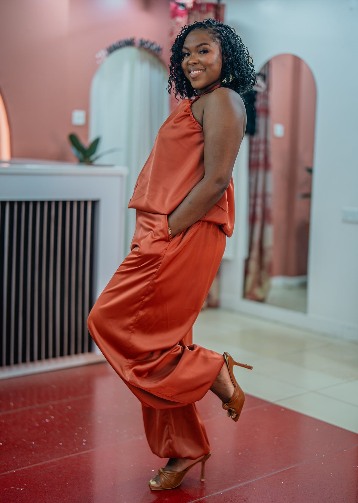 Terracotta Maputo top and pants set, full-length front view
