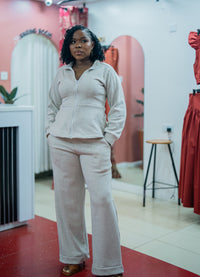 Light heather gray Msimu jacket and pants set, front view