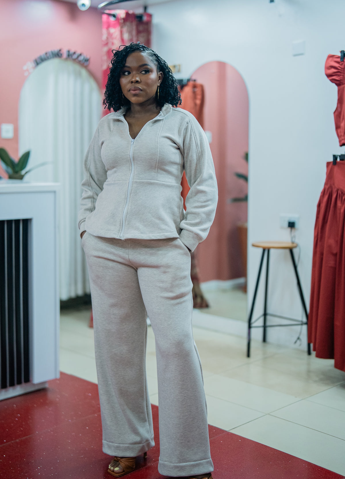 Light heather gray Msimu jacket and pants set, front view