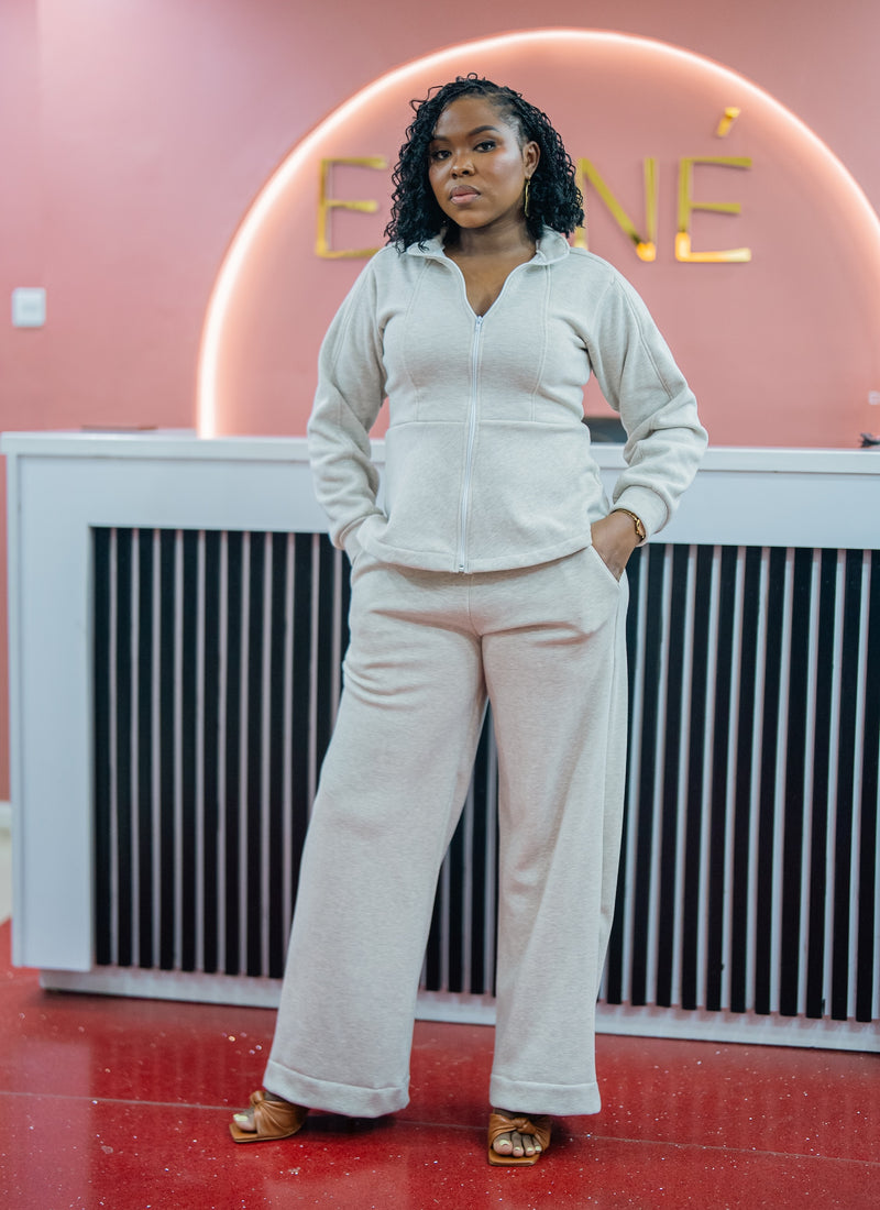 Light heather gray Msimu jacket and pants set, front view