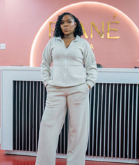 Light heather gray Msimu jacket and pants set, front view