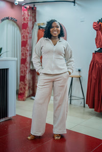 Light heather gray Msimu jacket and pants set, front view