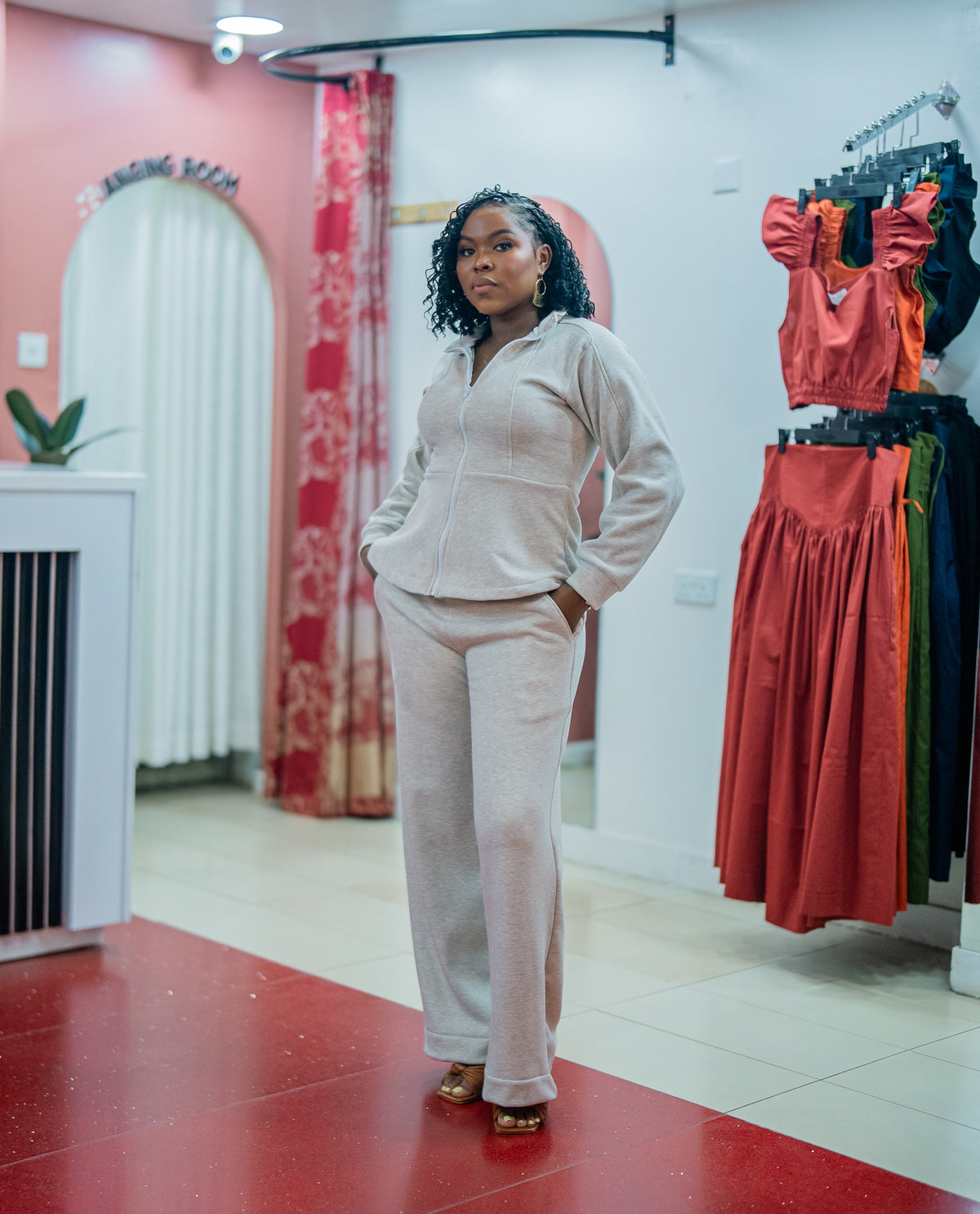 Light heather gray Msimu jacket and pants set, front view