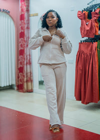 Light heather gray Msimu jacket and pants set, front view