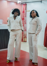 Light heather gray Msimu jacket and pants set worn together