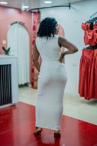 Beige Msimu knit maxi dress, full-length back view