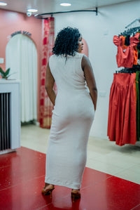 Beige Msimu knit maxi dress, full-length back view