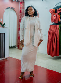 Beige Msimu knit waterfall sweater top worn over the Msimu maxi dress, front view