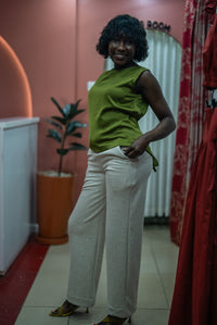 Olive green Tia top with the gray Msimu pants, front view