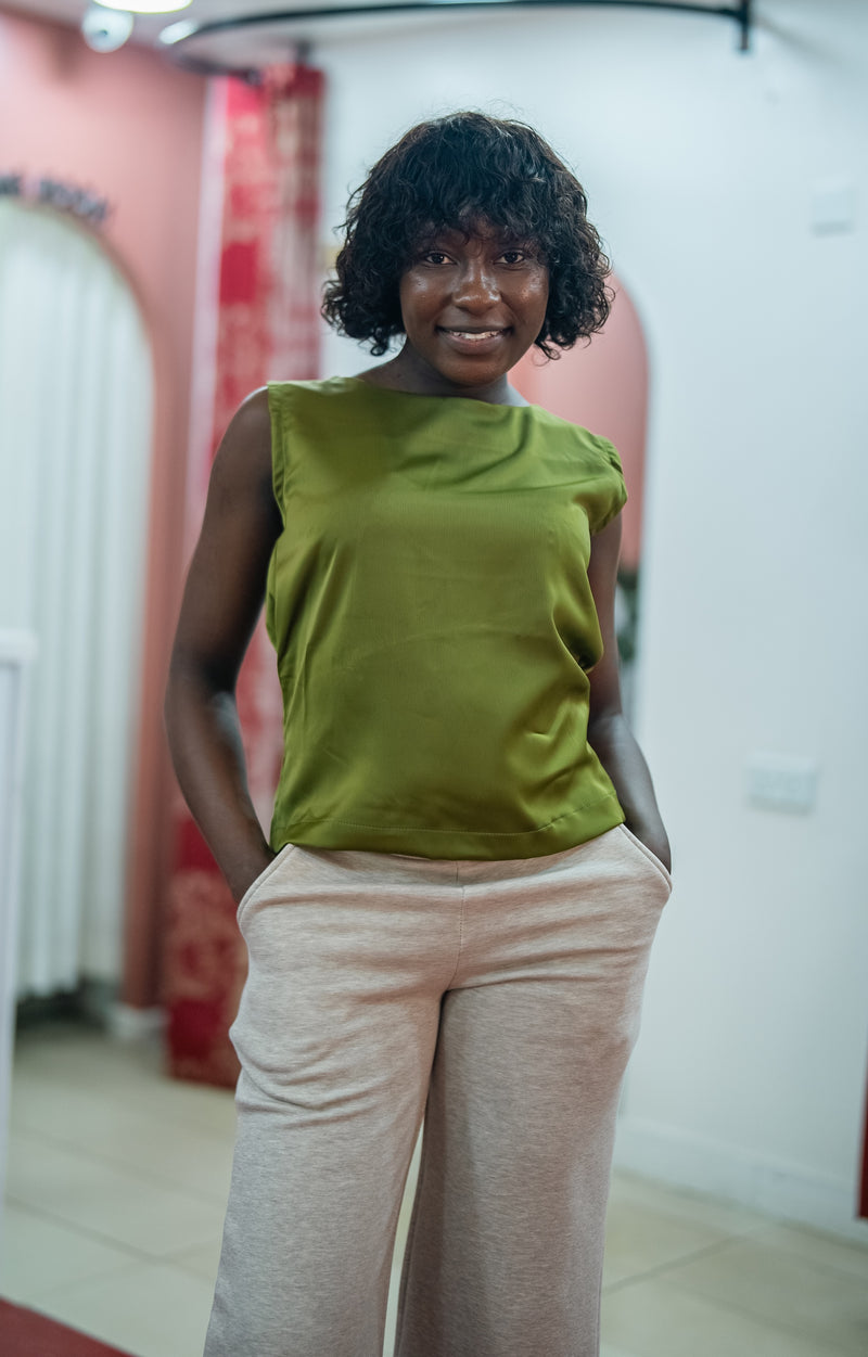 Olive green Tia top with the gray Msimu pants, front view