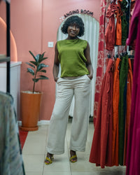 Olive green Tia top with the gray Msimu pants, front view