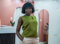 Olive green Tia top with the gray Msimu pants, close up