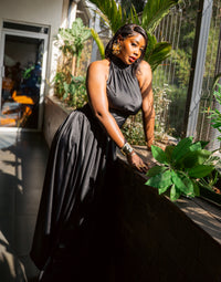 Black silky Tia maxi dress, full-length front view, standing