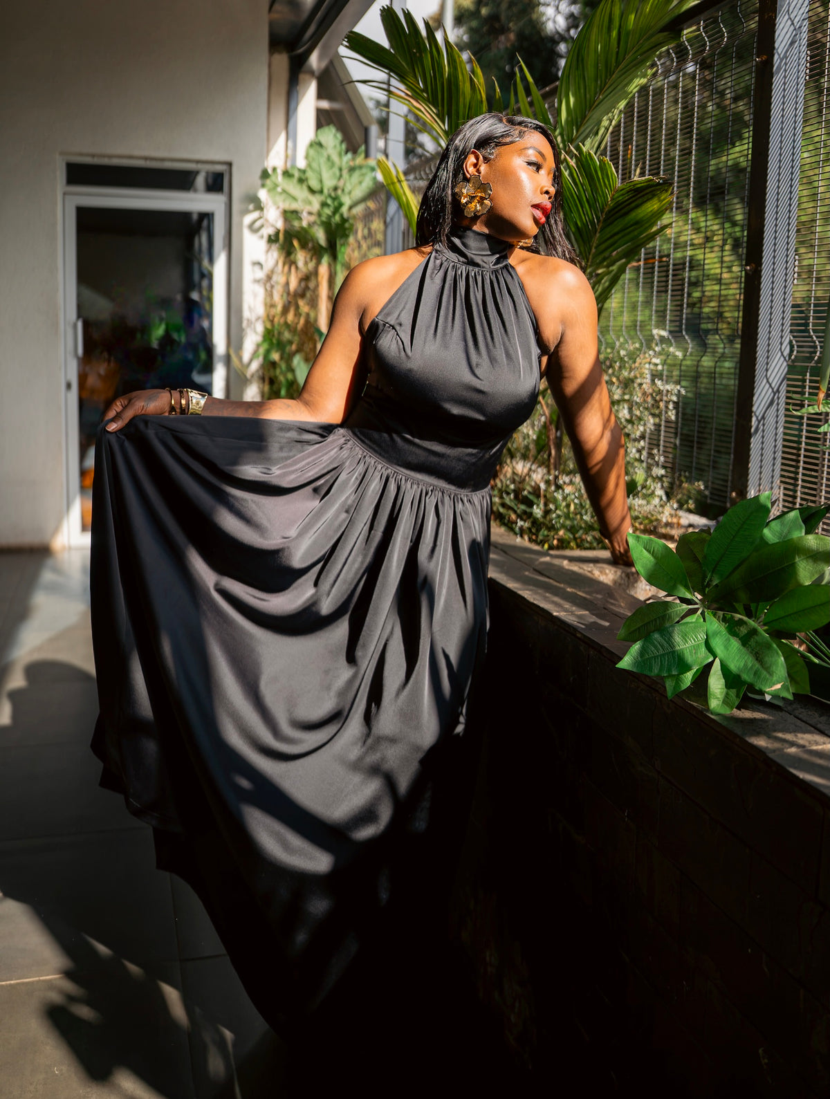 Black silky Tia maxi dress, full-length front view, standing
