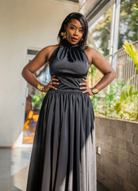 Black silky Tia maxi dress, full-length front view, standing
