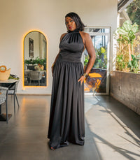 Black silky Tia maxi dress, full-length front view, standing