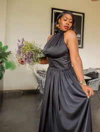 Black silky Tia maxi dress, full-length front view, standing