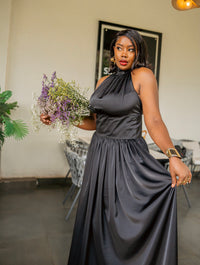 Black silky Tia maxi dress, full-length front view, standing