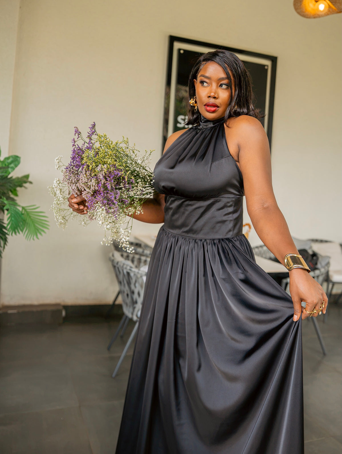Black silky Tia maxi dress, full-length front view, standing