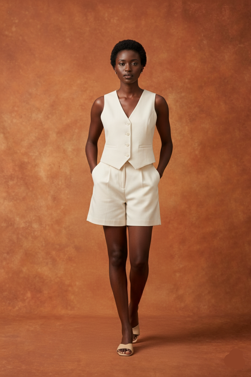 Woman wearing a beige vest and shorts set against a brown background
