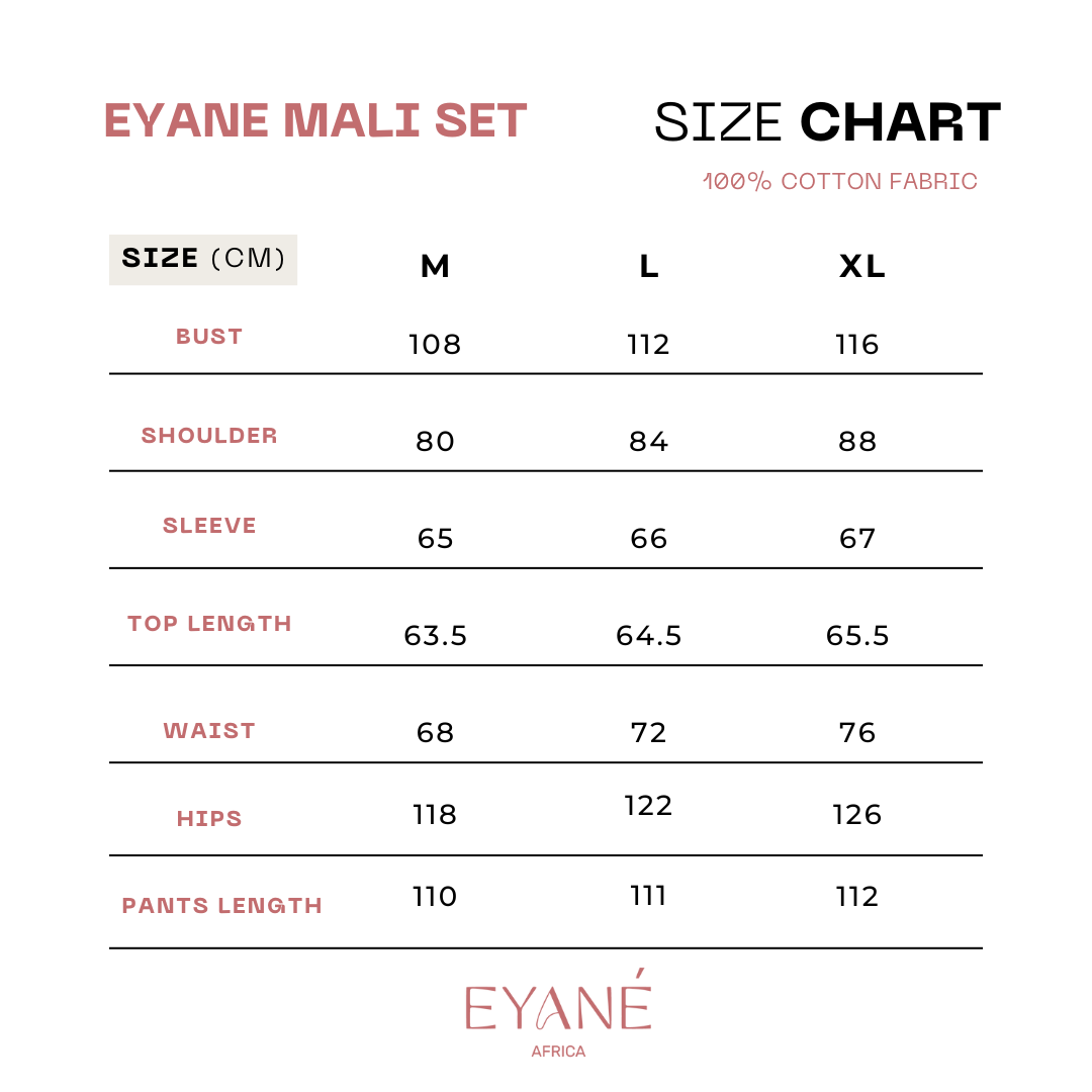 Size Chart for Mali Two Piece set - Burnt Orange