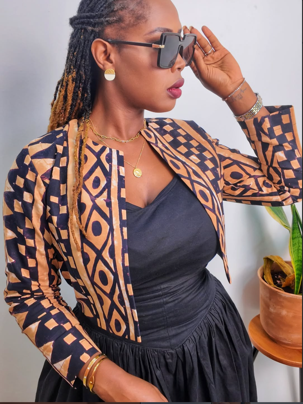 UTU Crop Coat African Print - Brown & Black