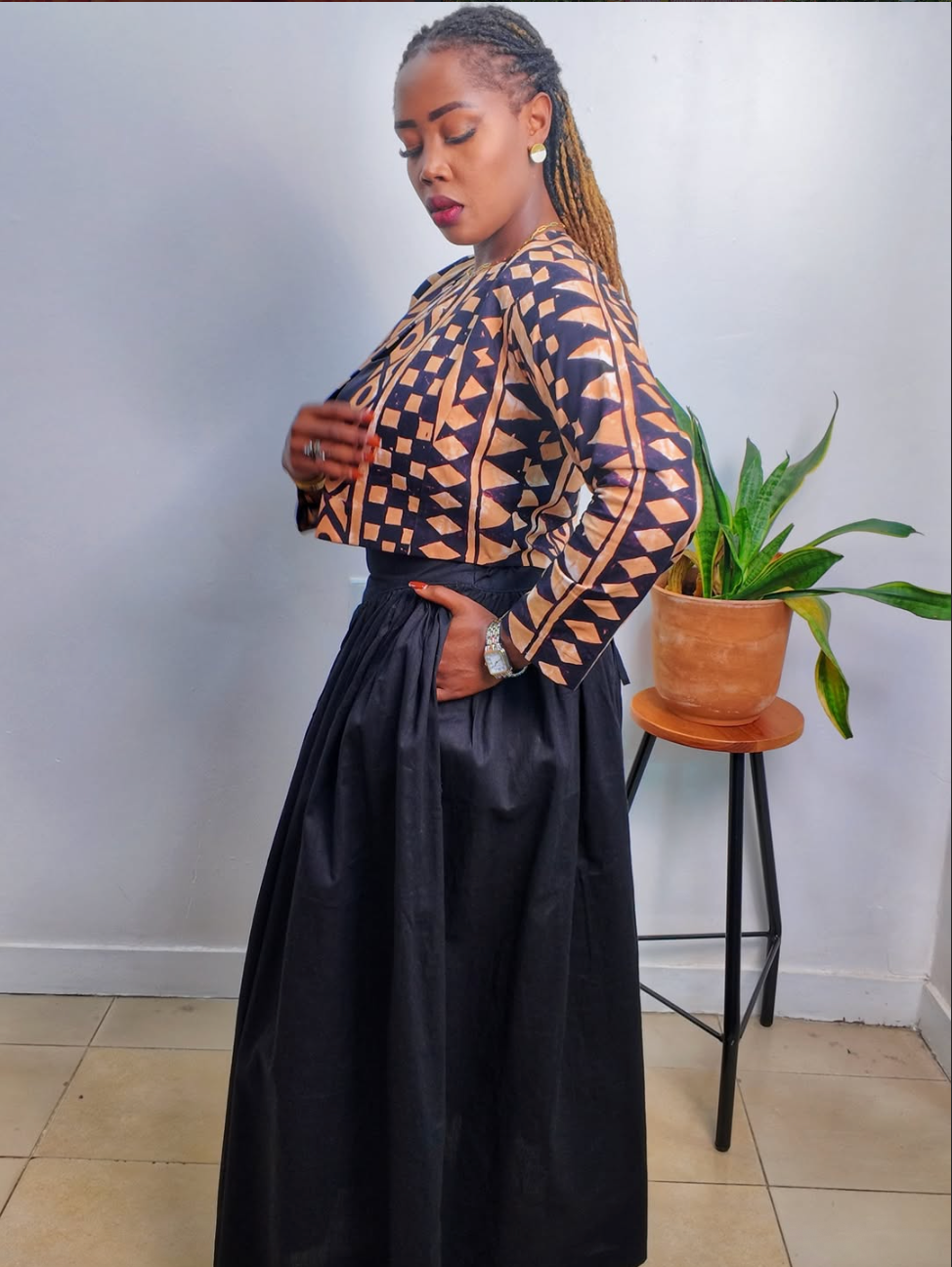 UTU Crop Coat African Print - Brown & Black