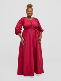 Plum cotton Upeo maxi dress with puff sleeves and a V-neckline, front view