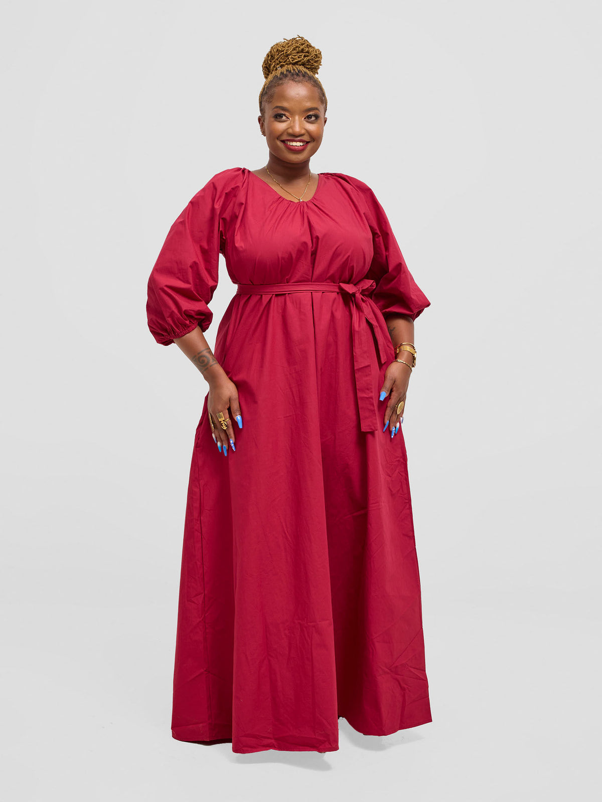 Plum cotton Upeo maxi dress with puff sleeves and a V-neckline, front view