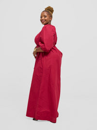 Upeo plum maxi dress, side view, belt cinching the waist